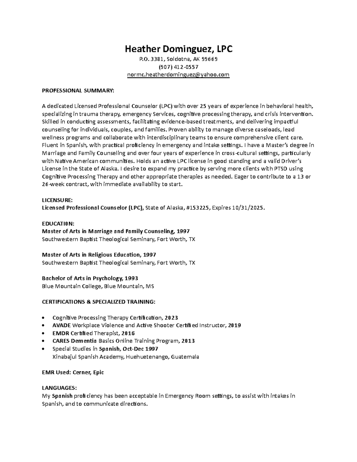 Heather Dominguez LPC Resume - Licensed Professional Counselor - Studocu