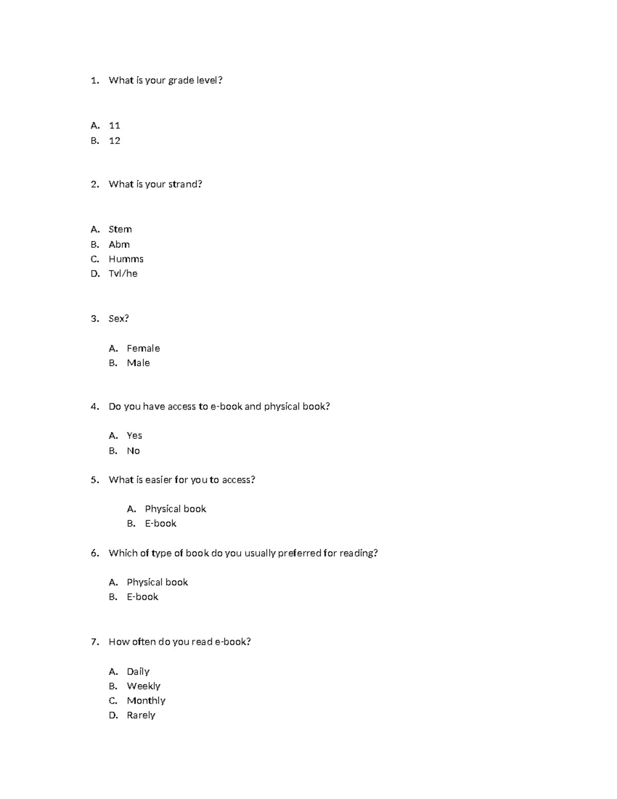 Research Questionnaire on Reading Preferences and Access - Studocu