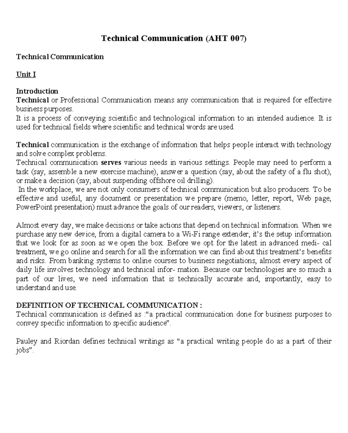 AHT 007 Technical Communication Unit I Study Notes - Studocu