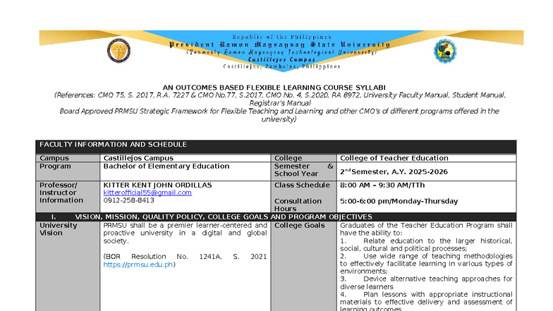 Syllabus for BEED 101: Outcomes-Based Flexible Learning Course - Studocu