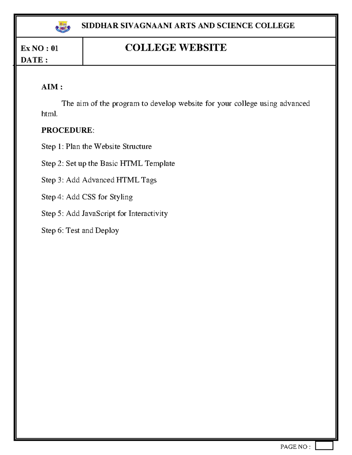 WEB APP LAB - web application lab - Ex NO : 01 COLLEGE WEBSITE DATE ...