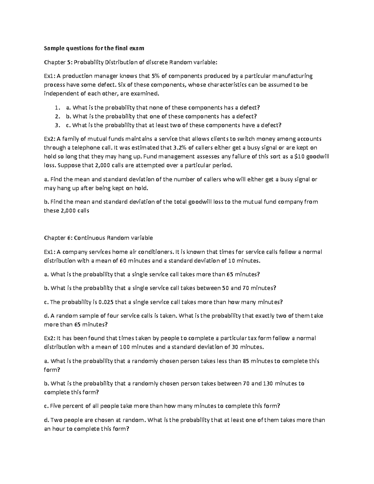 Final Exam Example for Probability Distributions & Estimation - Course ...