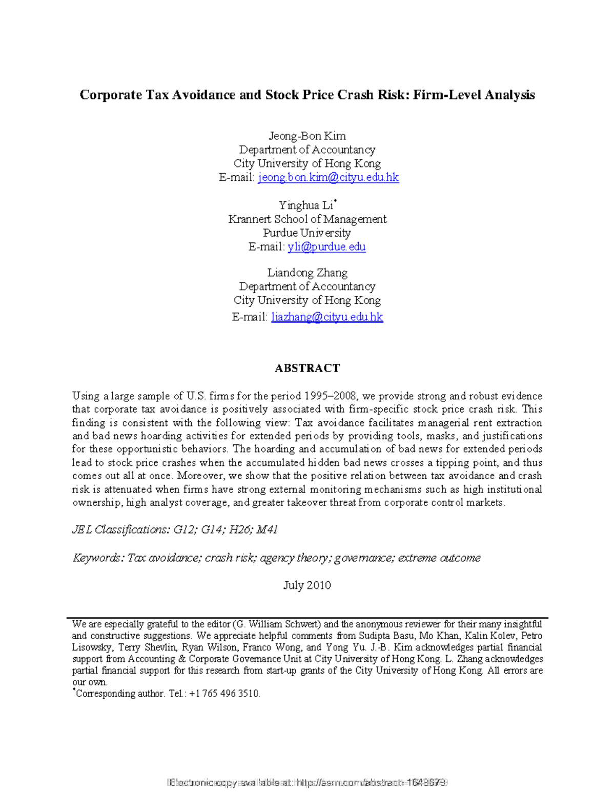 Corporate Tax Avoidance and Stock Price Crash Risk: A Comprehensive ...