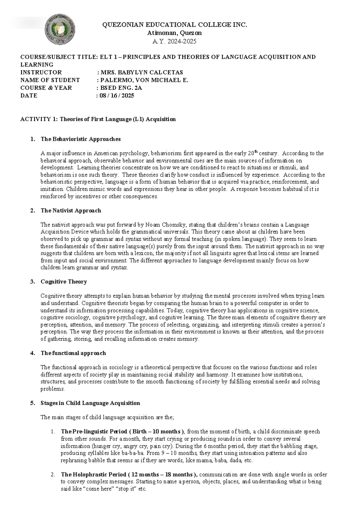 ELT 1: Theories of First Language Acquisition - Activity 1 Notes - Studocu