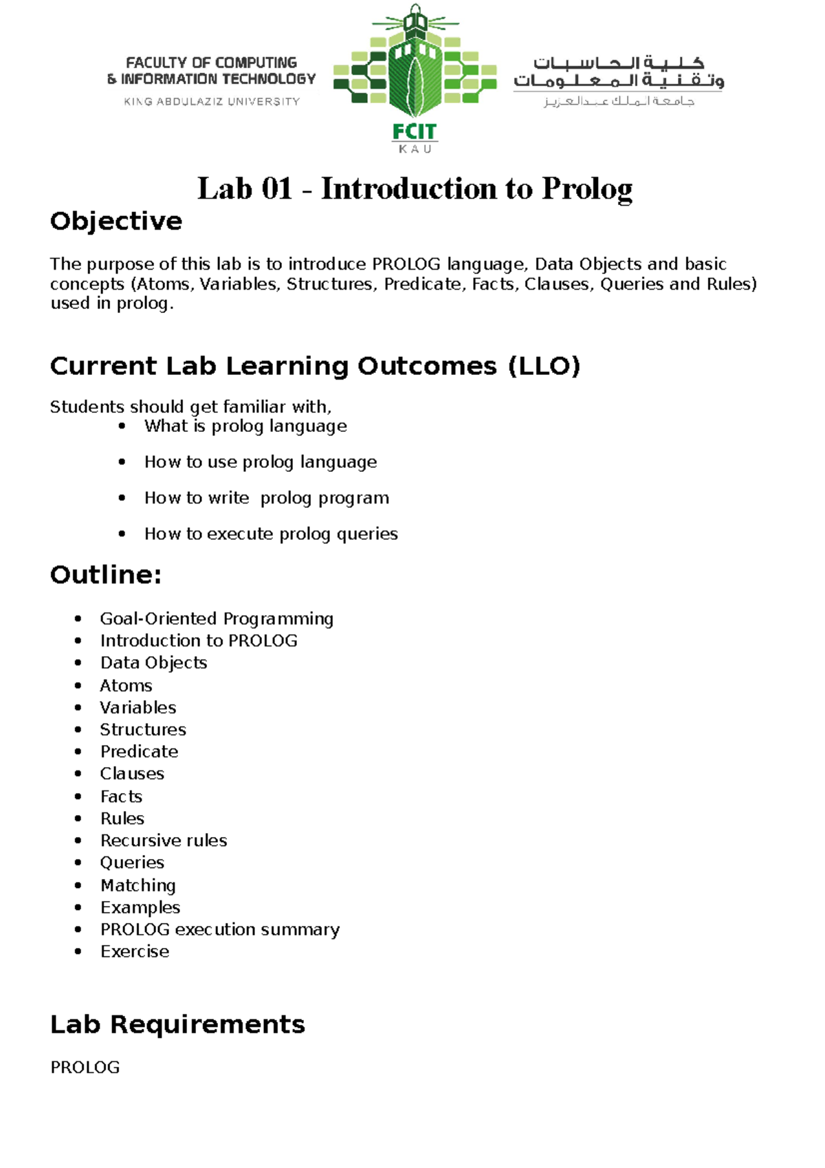 Lab 01 - Intro to PROLOG Language Concepts and Queries - Studocu