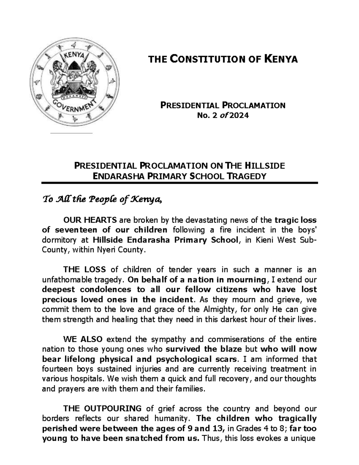 Presidential Proclamation on Hillside School Tragedy 06 - THE ...