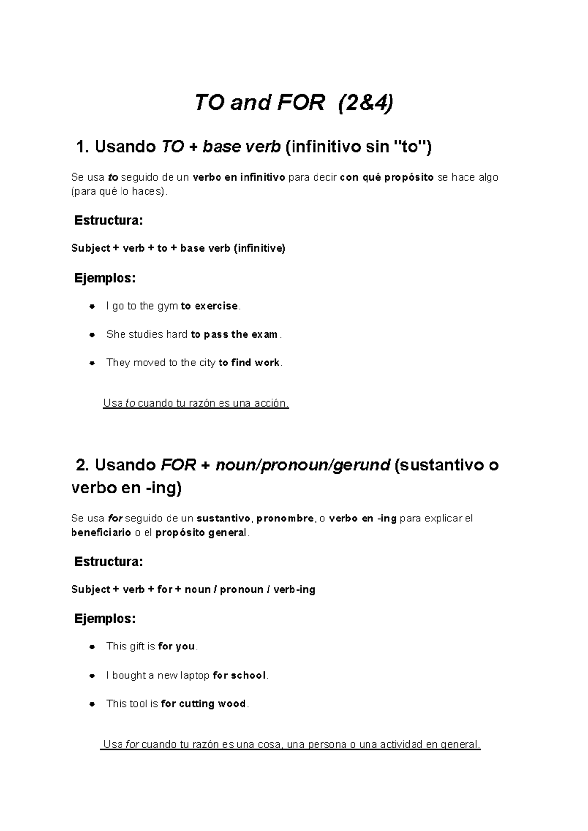 TO and FOR (2&4) - Apuntes sobre el uso de 