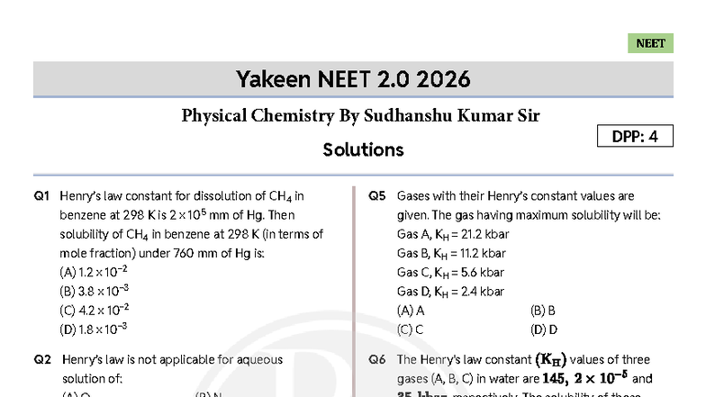NEET 2.0 2026 Physical Chemistry DPP 04 Solutions by Sudhanshu Kumar ...