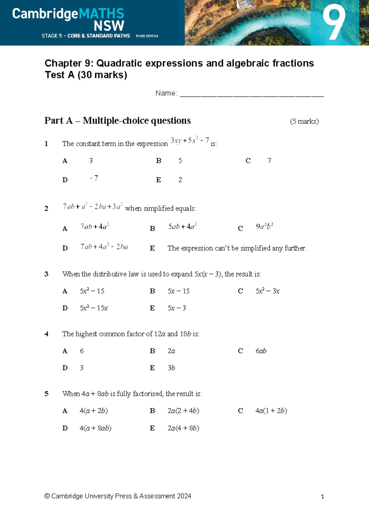 NSW3e 9 C&St Chapter 9 Test A: Quadratic Expressions & Algebraic ...