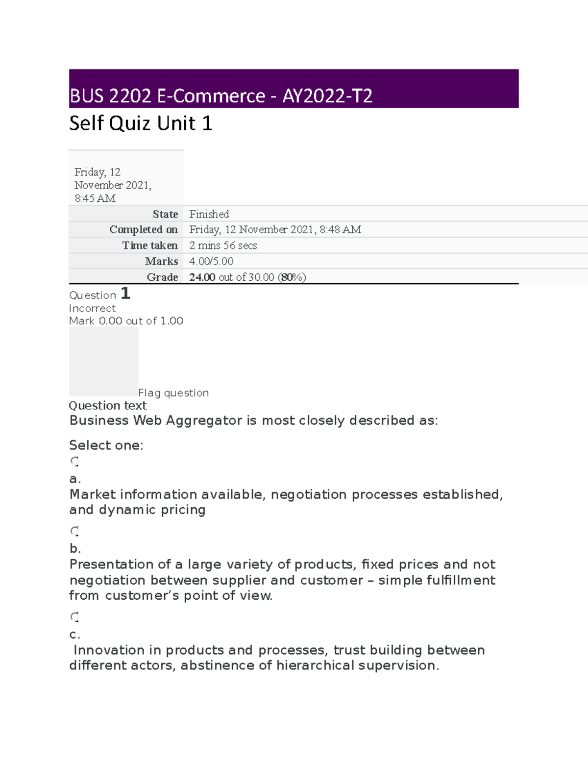 BUS 2202 E-Commerce Self Quiz Unit 1 Analysis and Answers - Studocu