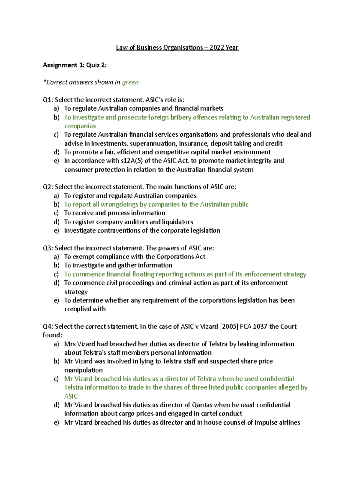 LOBO Quiz 2 Answers - Law of Business Organisations – 2022 Year ...