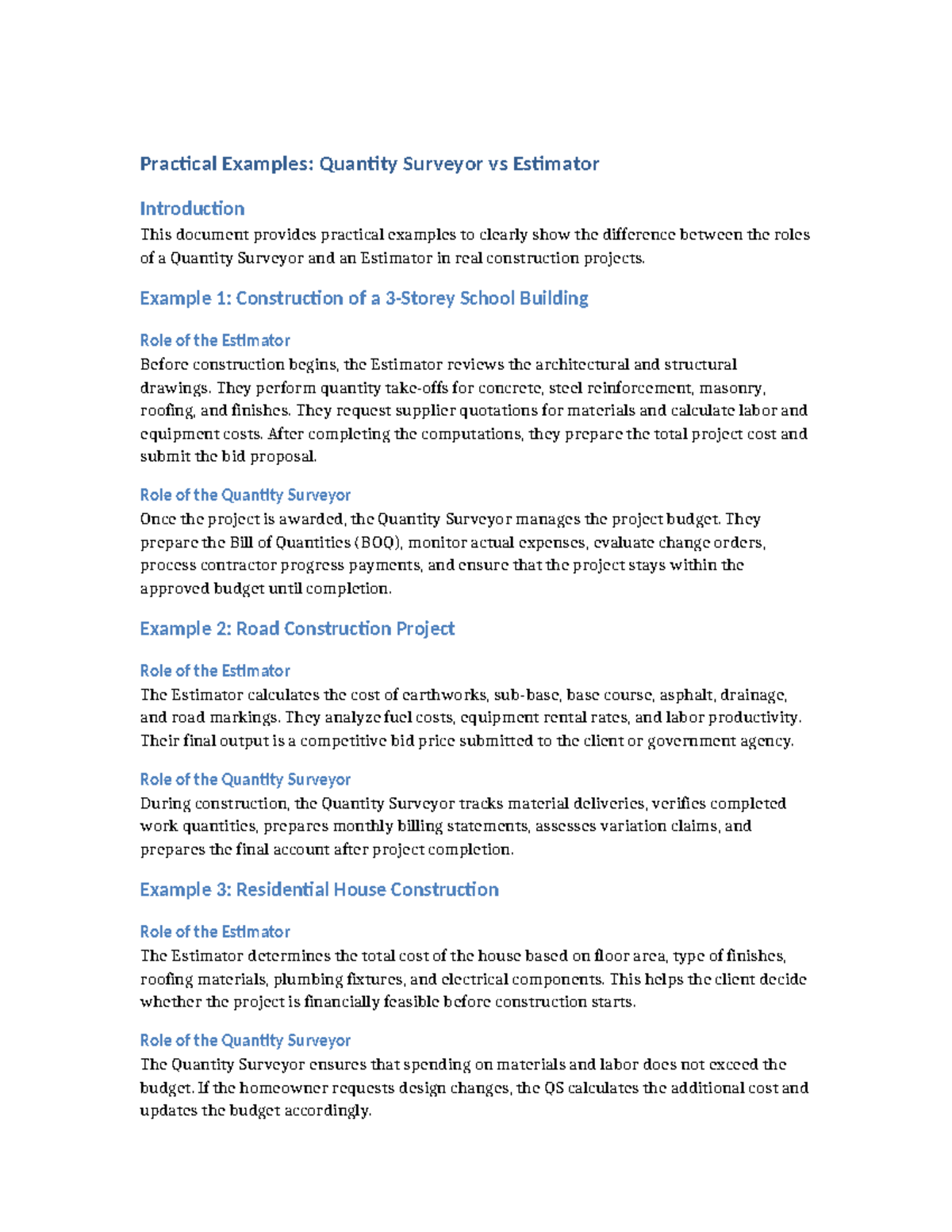 Practical Examples: QS vs Estimator in Construction Projects - Studocu