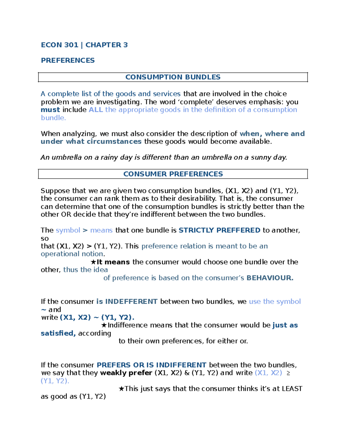 ECON 301 CHAPTER 3: Preferences and Consumption Bundles - Studocu