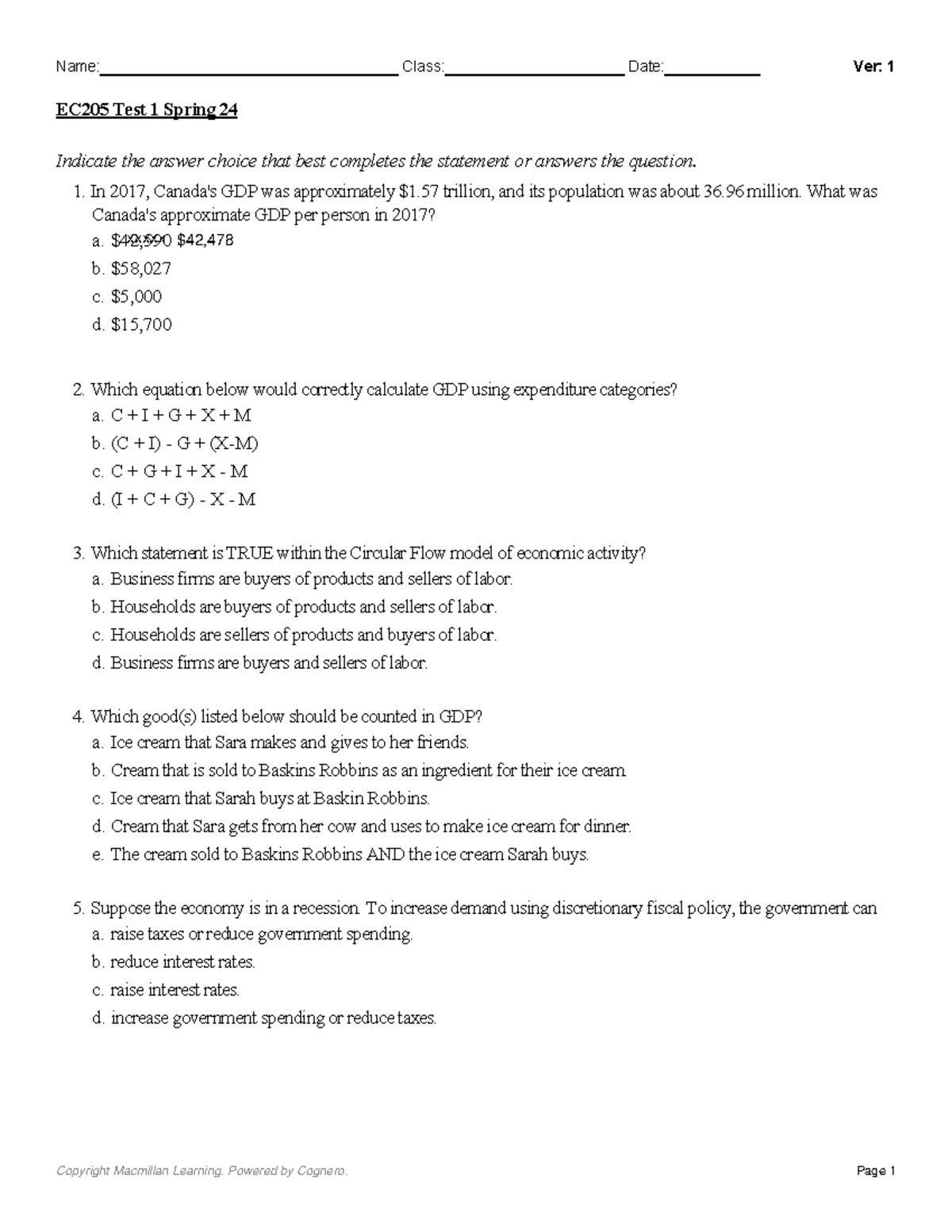 EC205 Practice Test 1 Spring 2024 - Comprehensive Answer Guide - Studocu