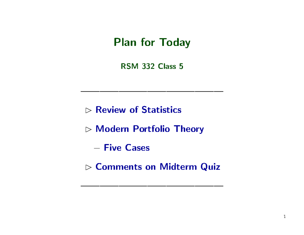 RSM 332 Class 5: Review of Statistics & Modern Portfolio Theory - Studocu