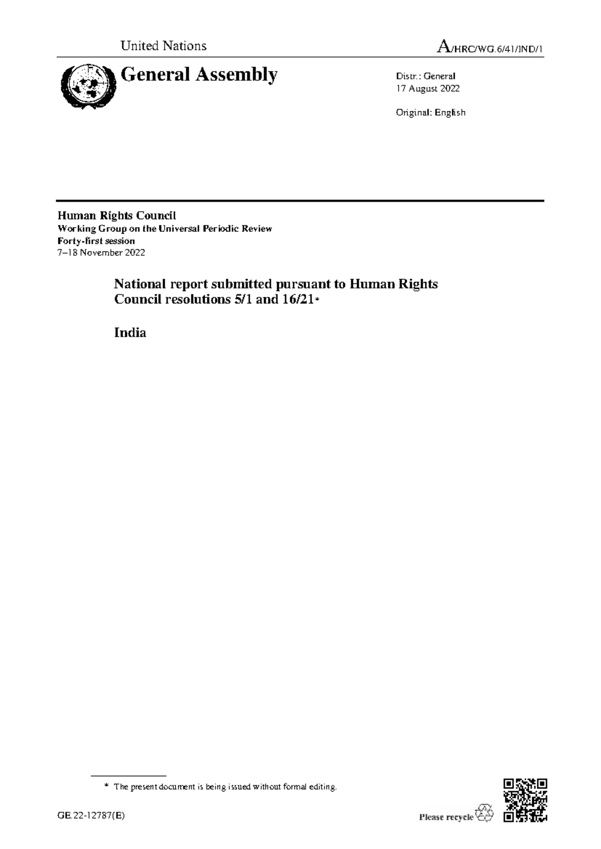 G2246418 - UPR Report on Human Rights in India (Nov 2022) - Studocu