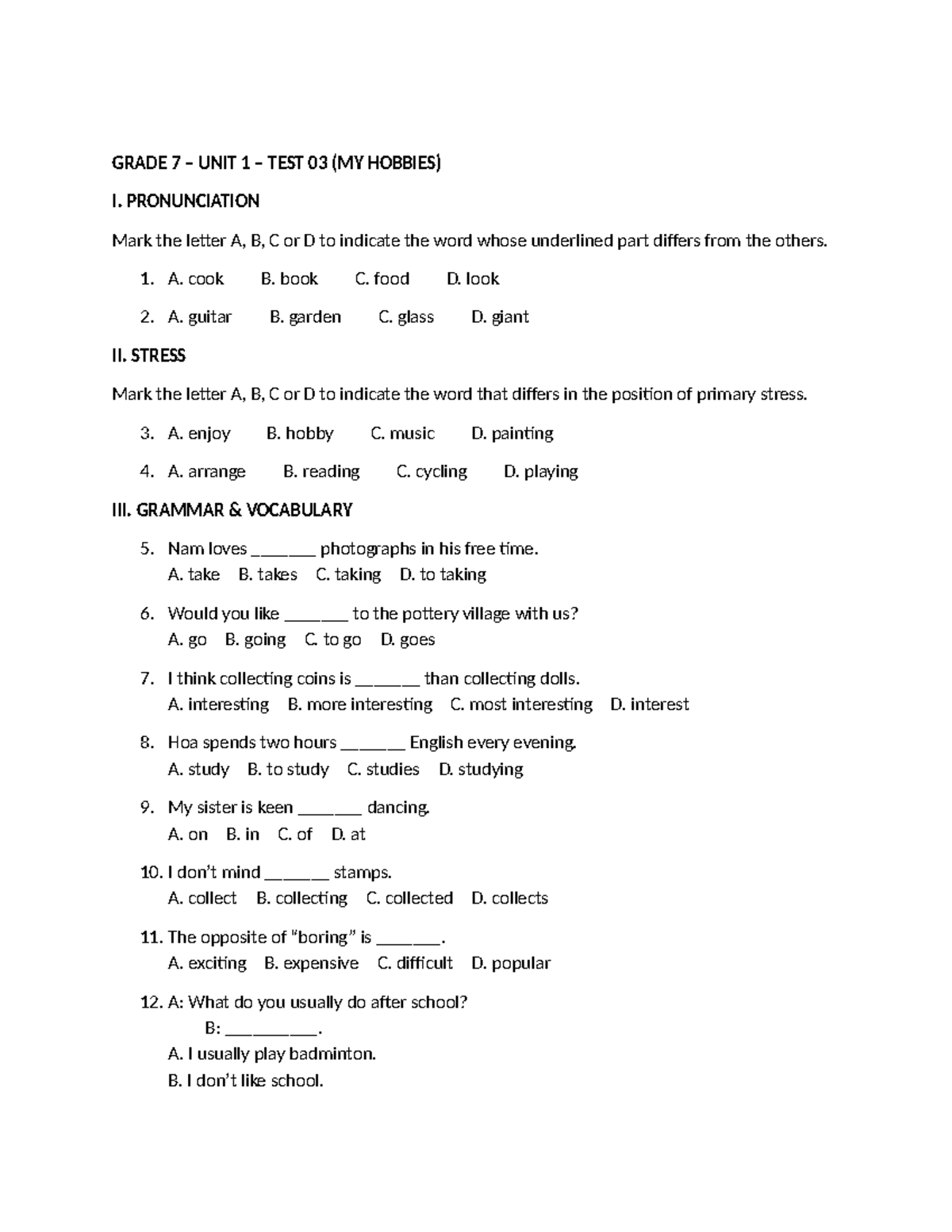 GRADE 7 UNIT 1 TEST 03 (MY HOBBIES) - Practice Questions - Studocu