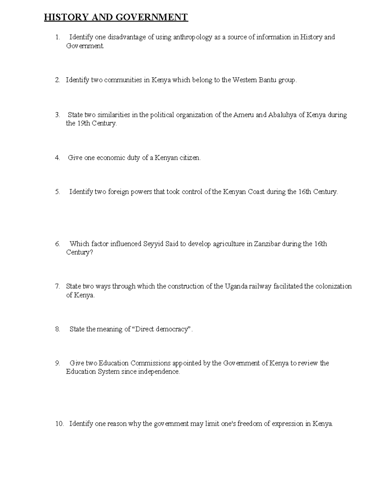 HISTORY AND GOVERNMENT 1: Key Questions and Answers 2016 - Studocu