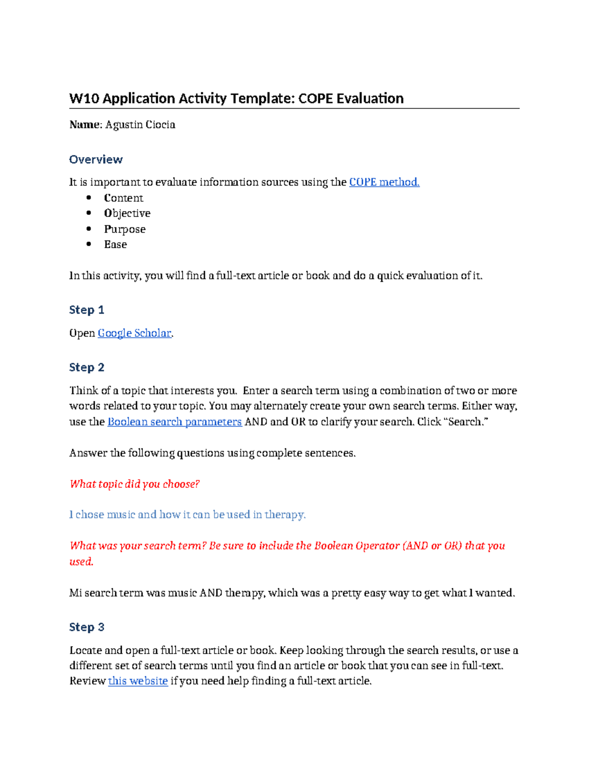 W10 Application Activity: COPE Evaluation by Agustin Ciocia - Studocu