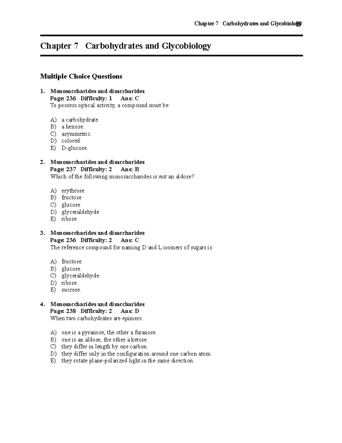 Chapter 7 - Multiple Choice & Short Answer Questions on Carbohydrates ...