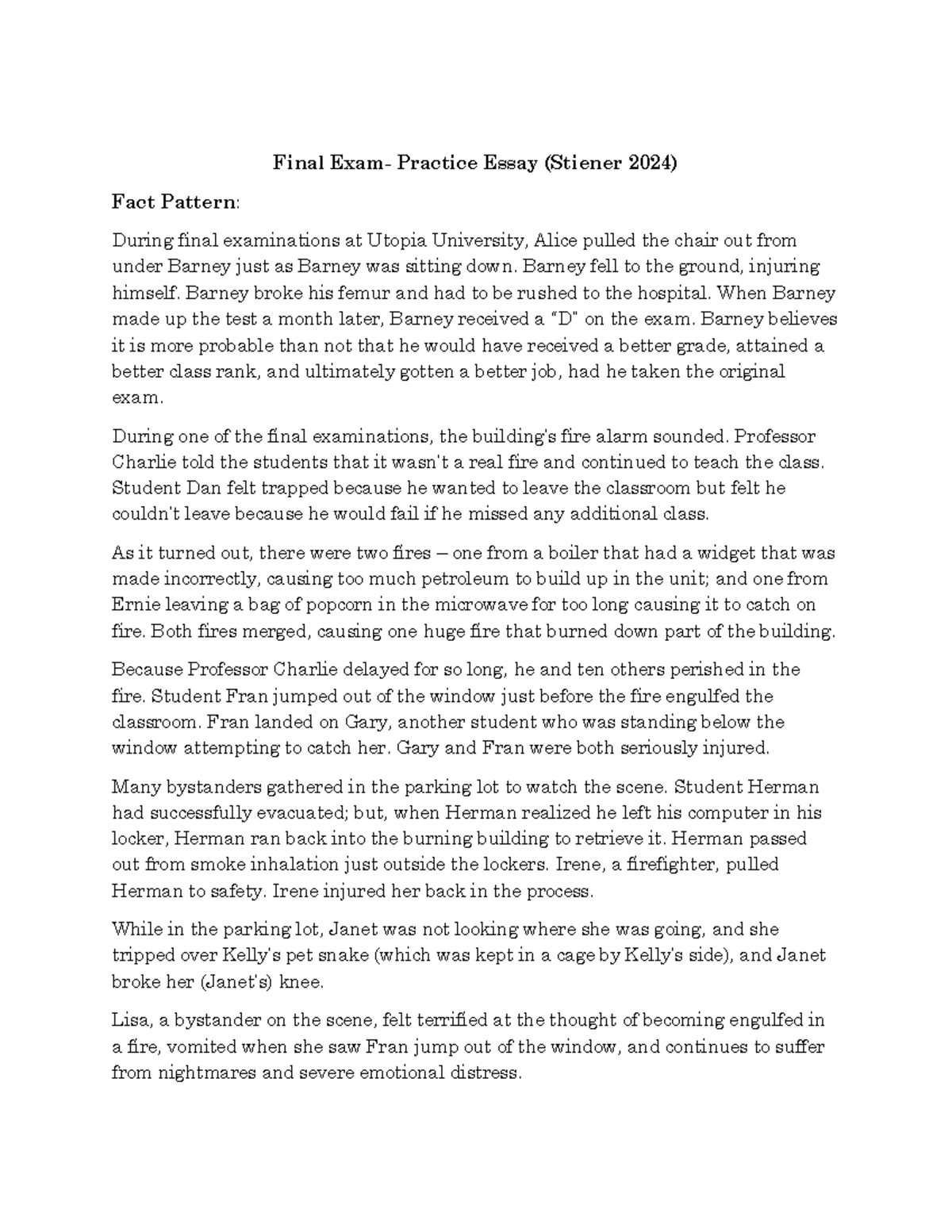 Torts Final Exam Practice Essay (Stiener 2024) - Studocu