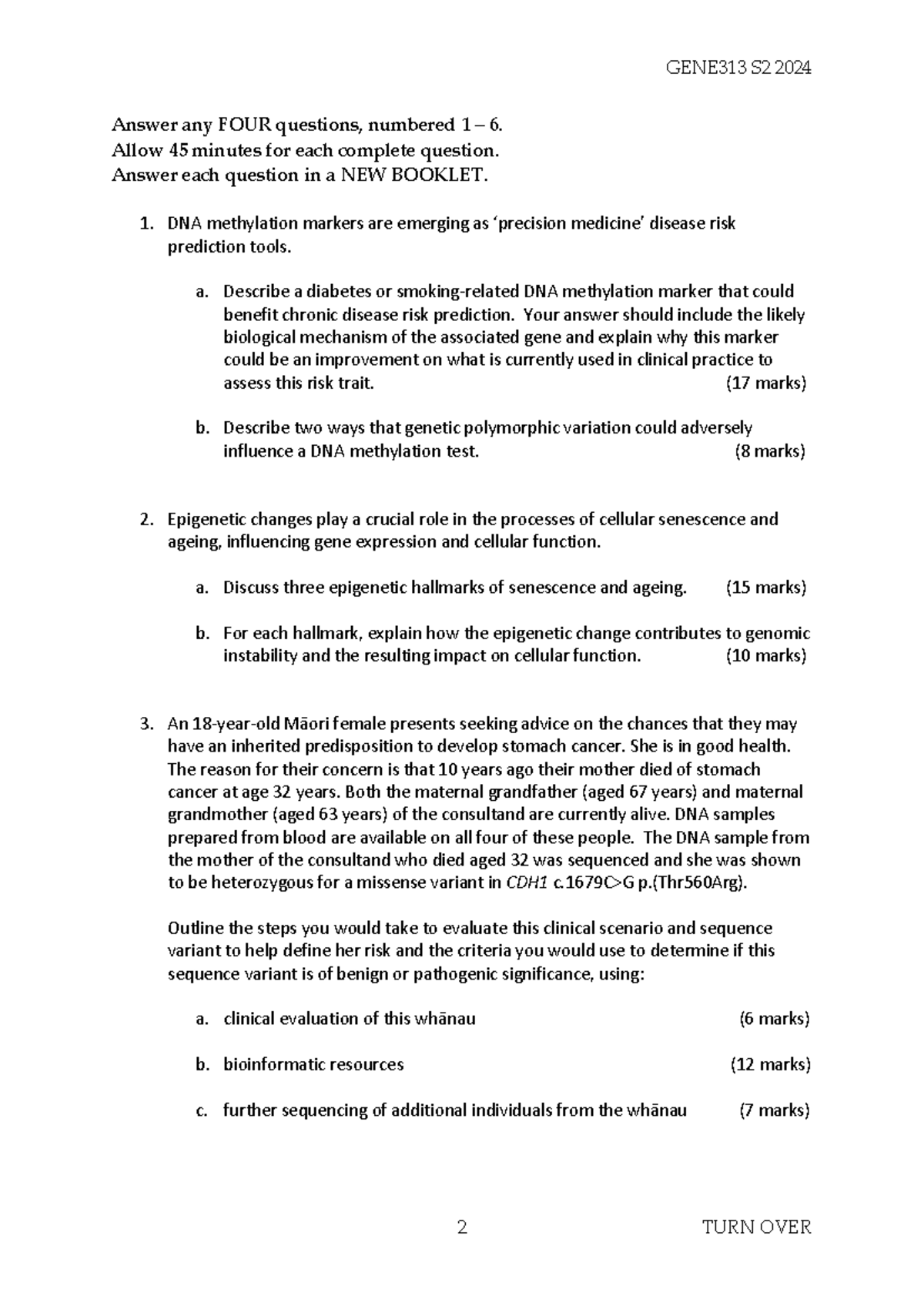 GENE313 S2 2024 Final Exam - Comprehensive Questions on Genetics - Studocu