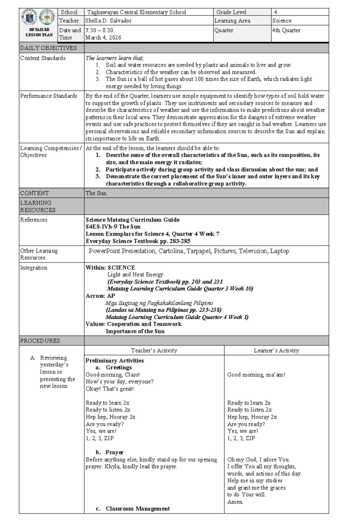 DLP 4th Quarter Lesson Plan: The Sun for Science 4 - Studocu