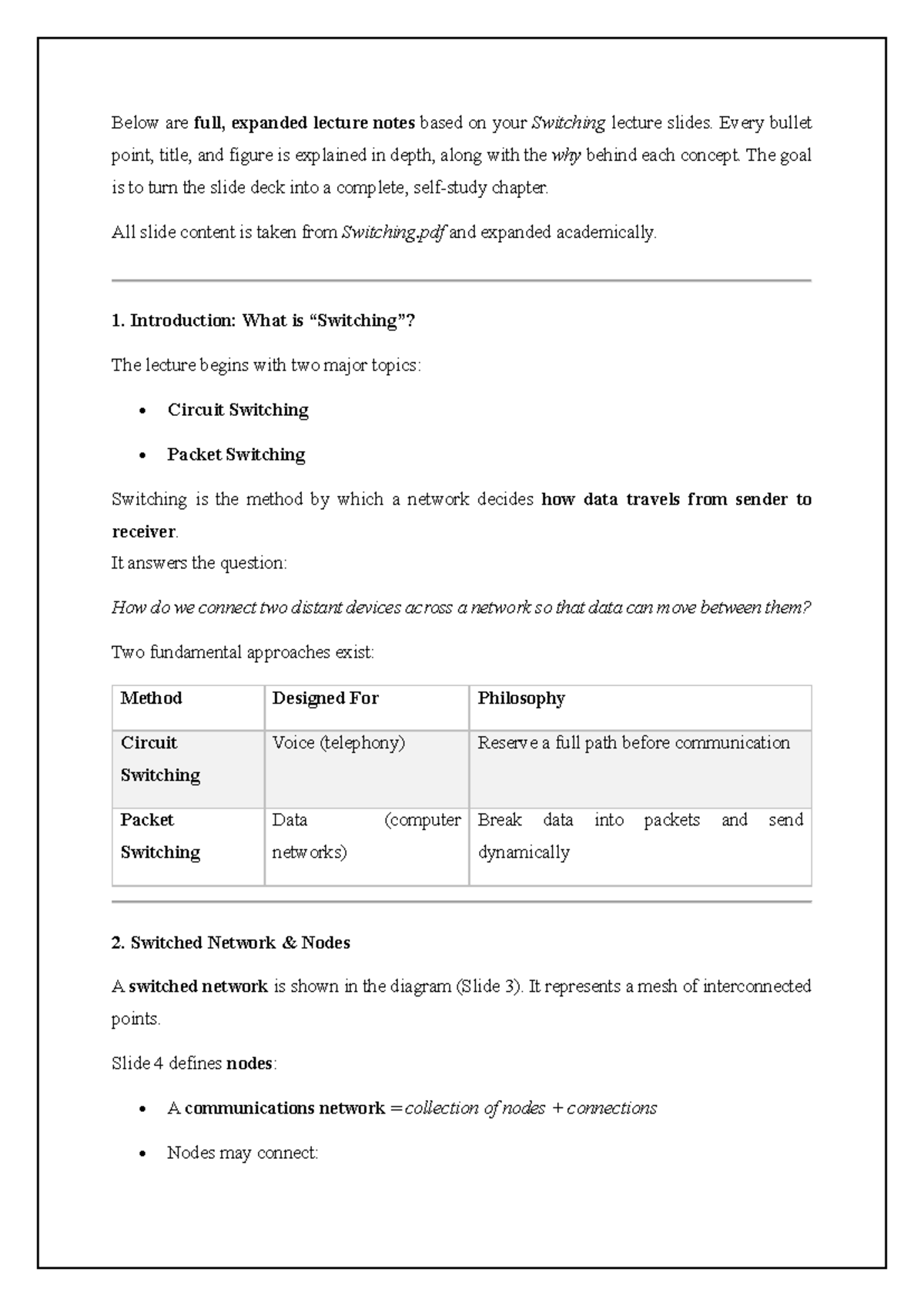 Switching Lecture Notes: In-Depth Analysis and Concepts - Studocu