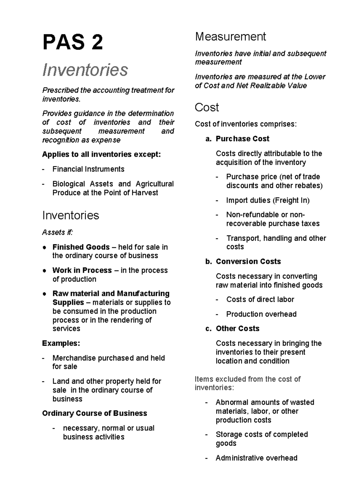 PAS 2 Summary: Accounting Treatment for Inventories - Studocu