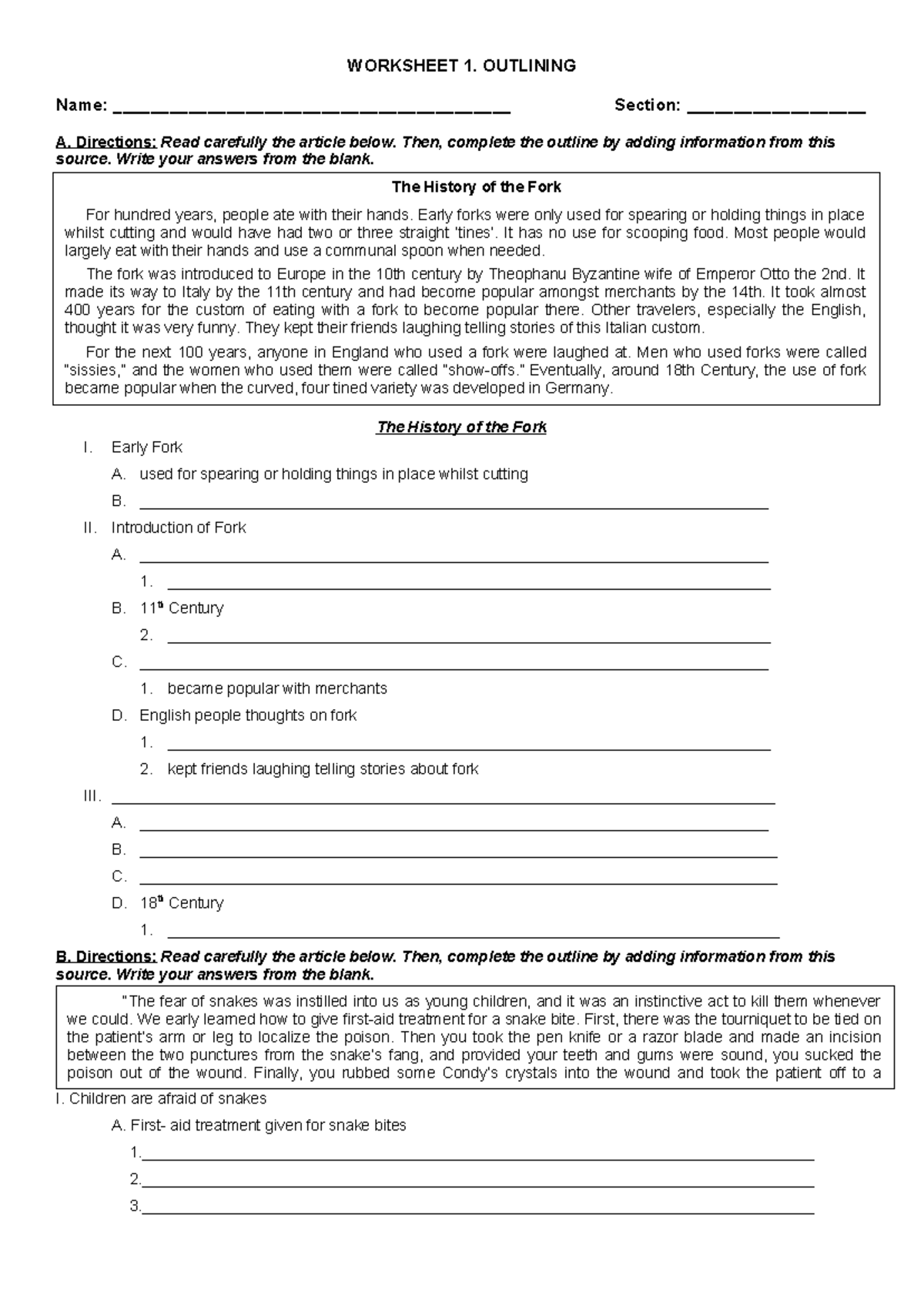 Outlining Worksheet: History of the Fork & Snake Bite First Aid - Studocu
