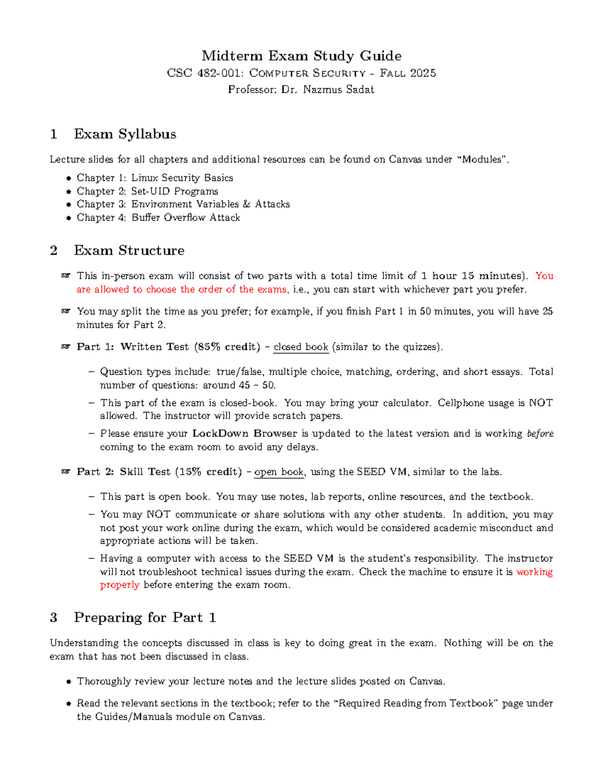 Midterm Exam Study Guide for CSC 482-001: Computer Security Fall 2025 ...