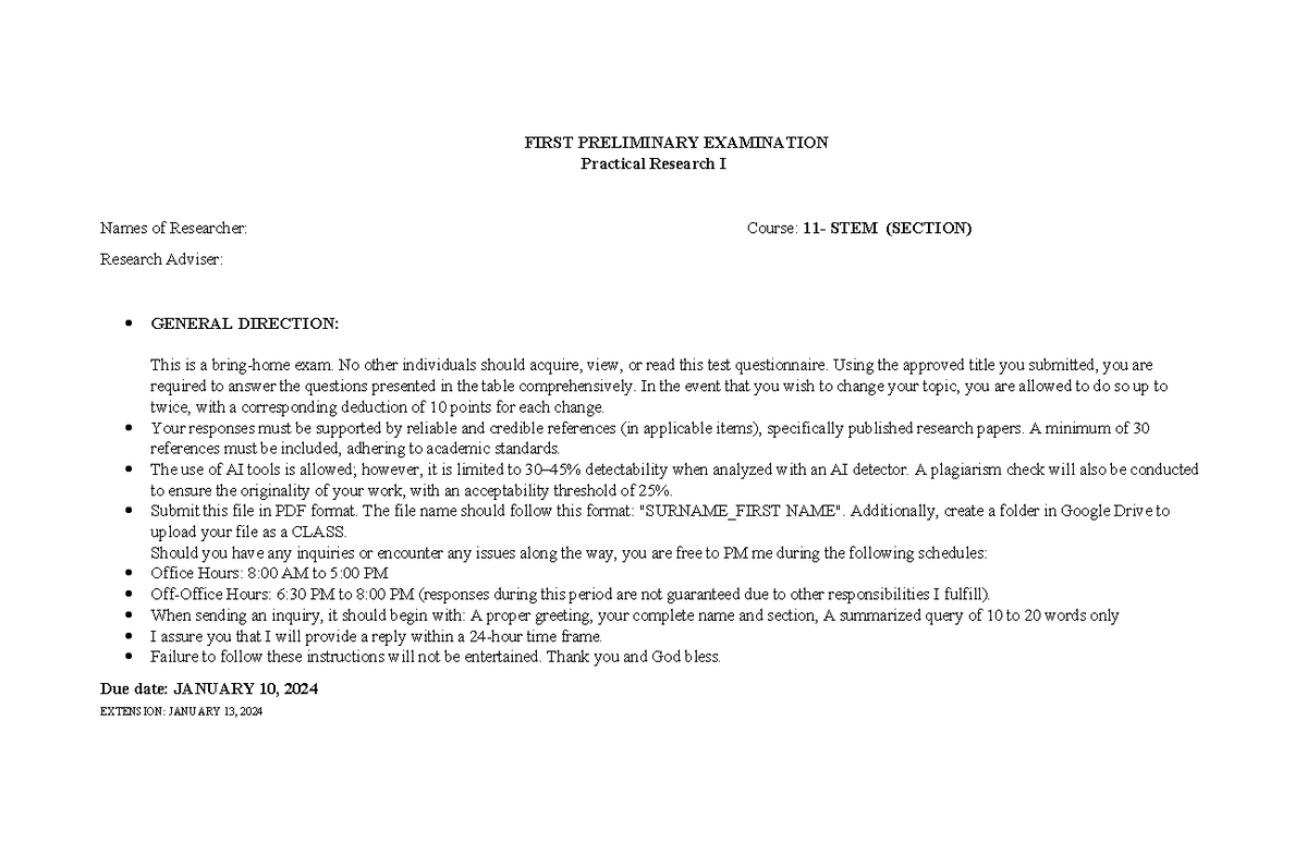 PR1: First Preliminary Exam in Practical Research I - STEM Section ...