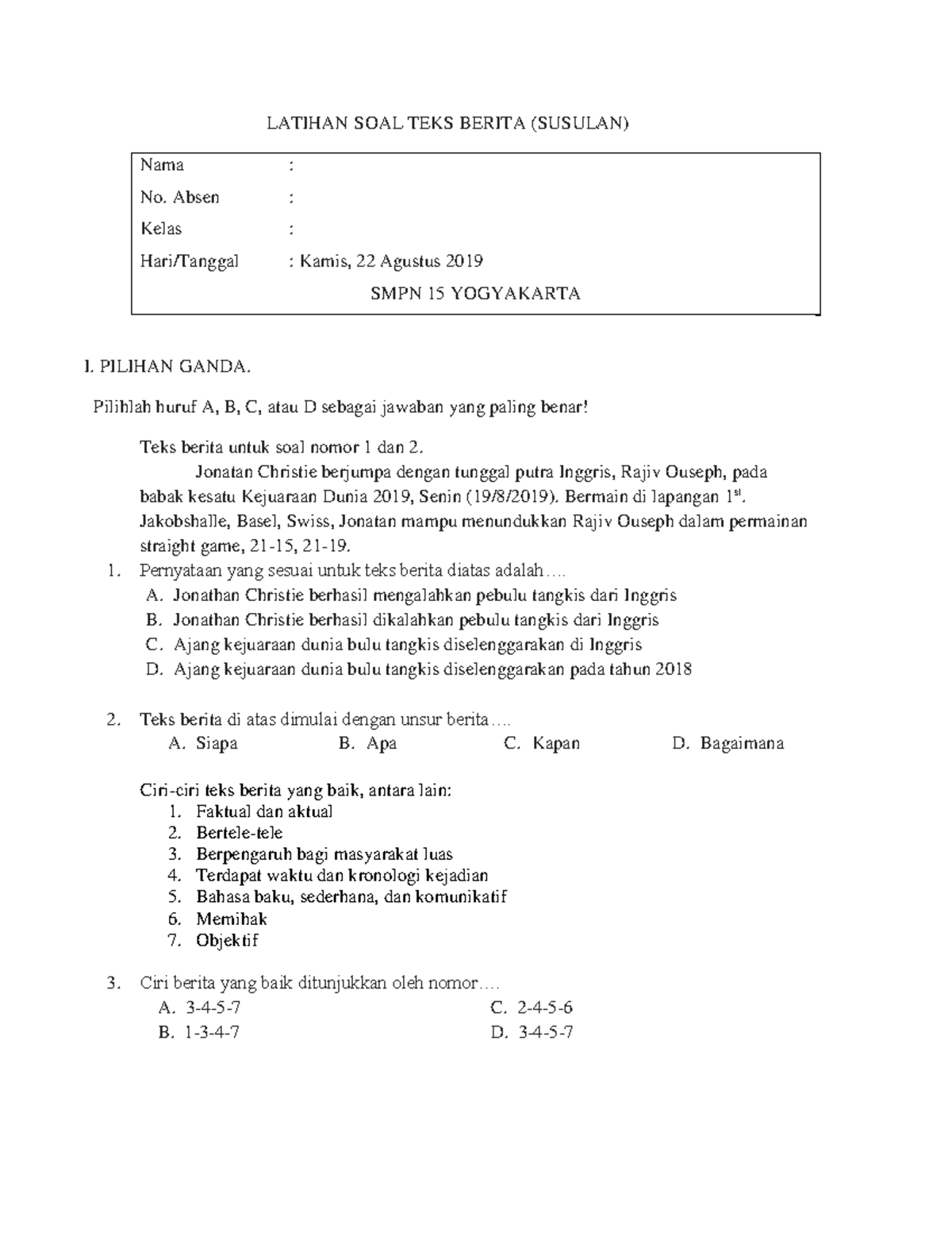 Latihan Soal Teks Berita (SUSULAN) untuk SMPN 15 Yogyakarta - Document Preview