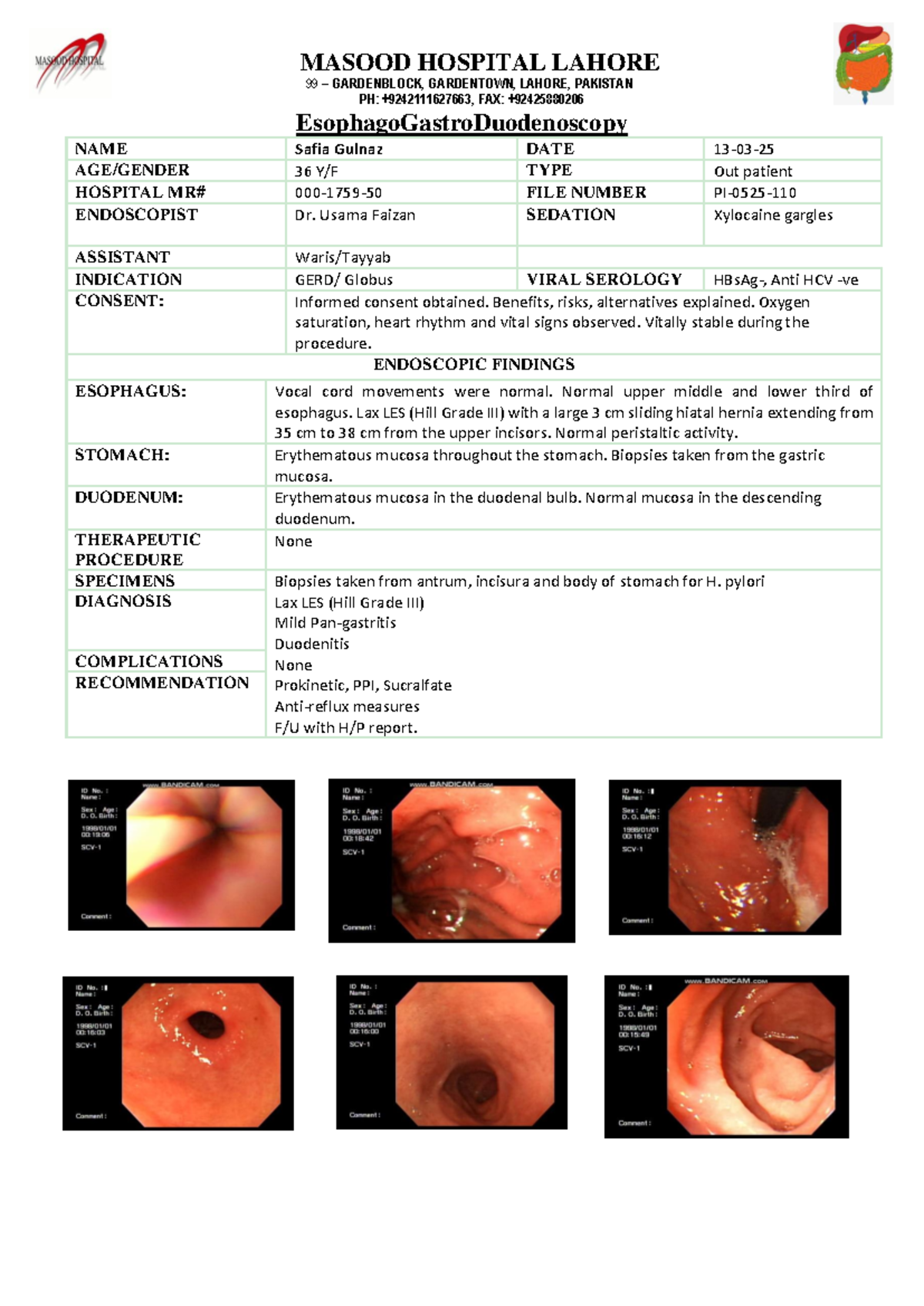EsophagoGastroDuodenoscopy Report - MASOOD HOSPITAL LAHORE - Studocu