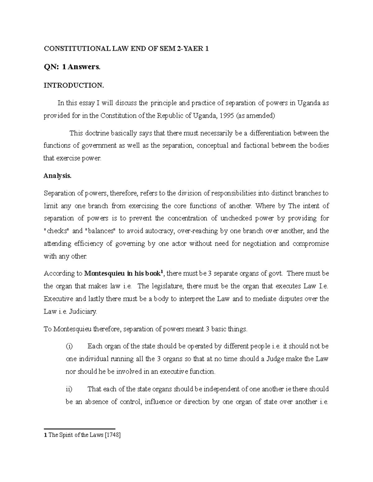 Constitutional Law A- Final Exam: Separation of Powers & Human Rights ...