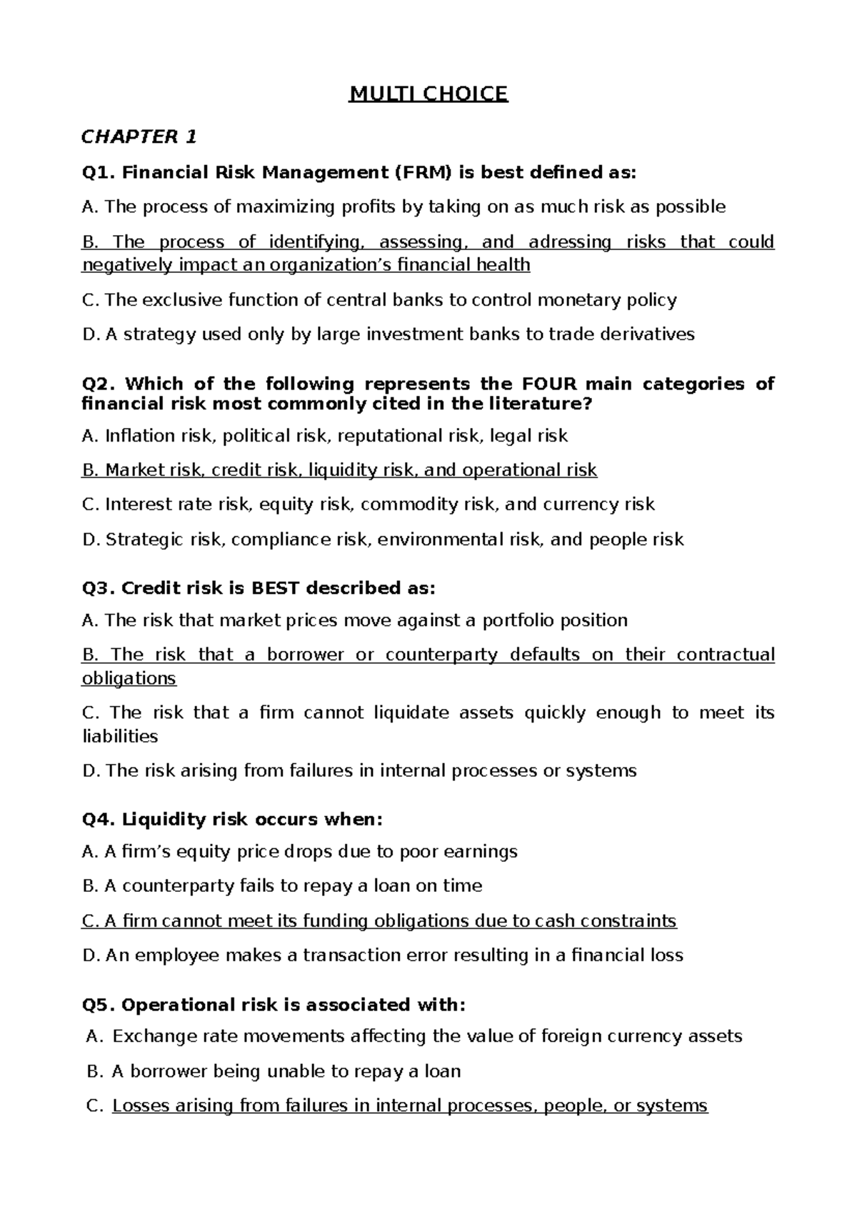 Multi Choice Questions on Financial Risk Management (FRM) - Chapter 1 ...