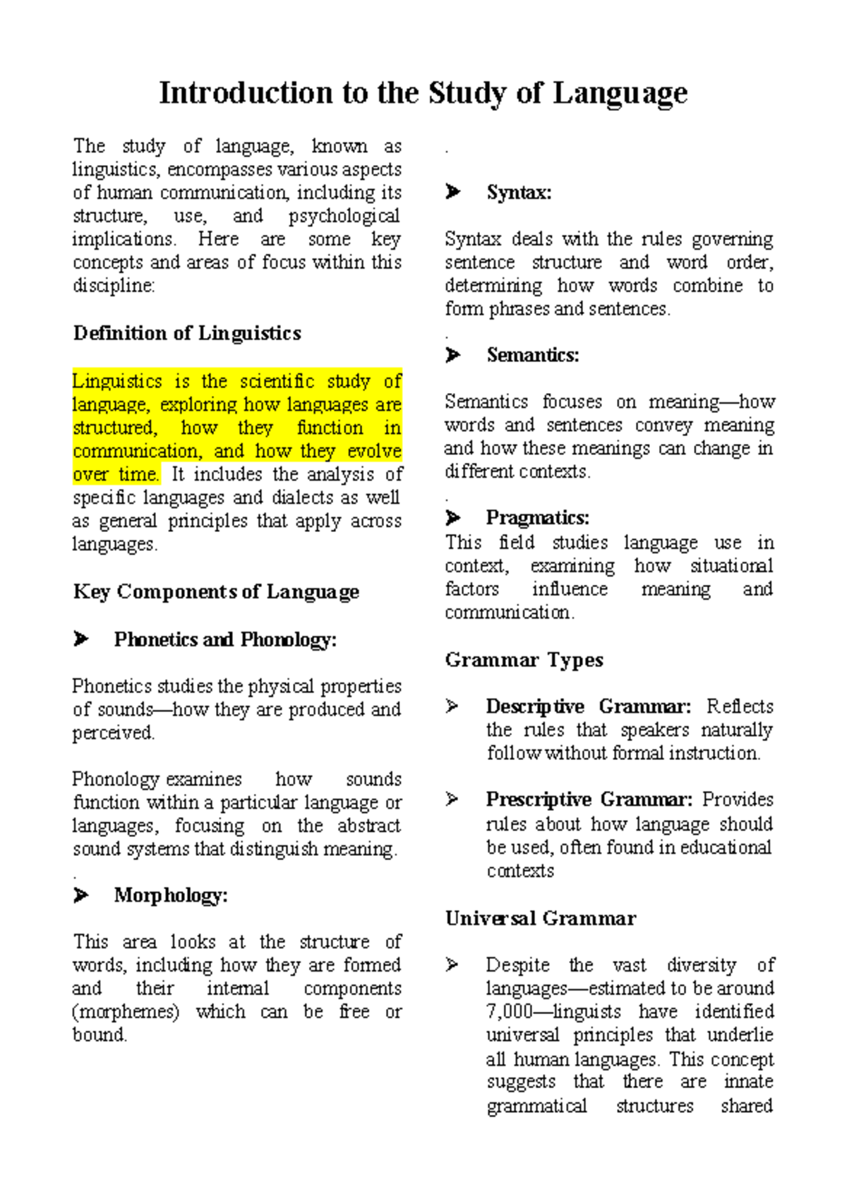 Notes Introduction TO THE Language System Notes - Introduction to the ...