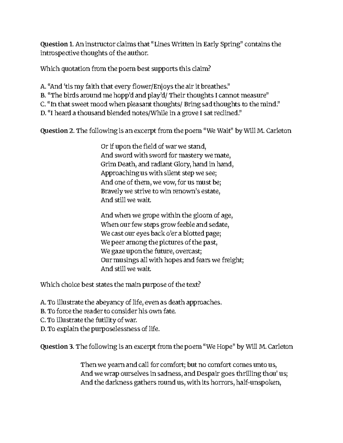 Poetry - Classwork - SAT Poem Practice Questions and Analysis - Studocu