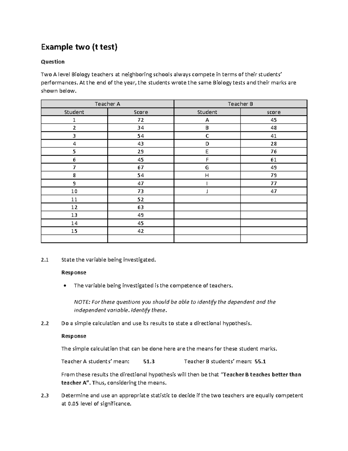 Example two - Statistics - Example two (t test) Question Two A level ...