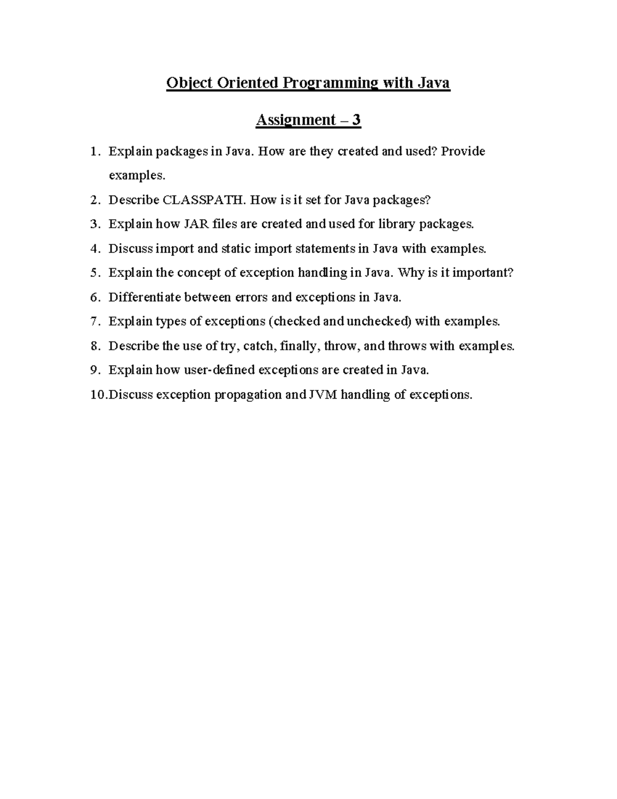 OOP with Java Assignment 3: Packages, Exceptions, and Error Handling ...