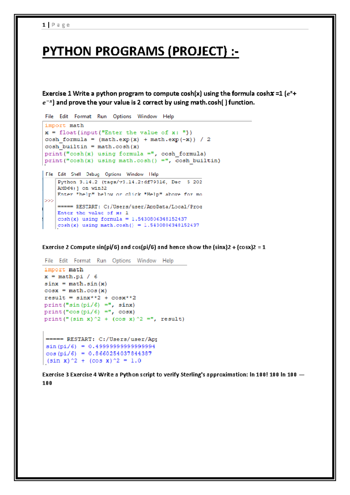 PYTHON PROGRAMS (PROJECT): Exercises on Mathematical Functions and ...