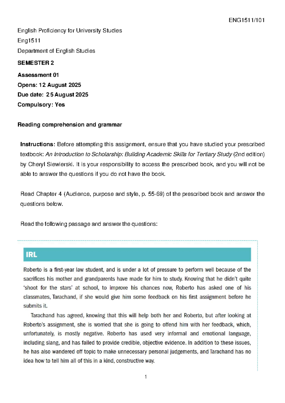 ENG1511 Assessment 01: English Proficiency for University Studies - Studocu