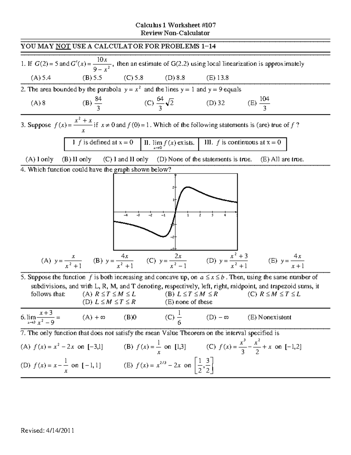 AB ws 107 Non Calculator - Calculus 1 Worksheet # Review Non-Calculator ...