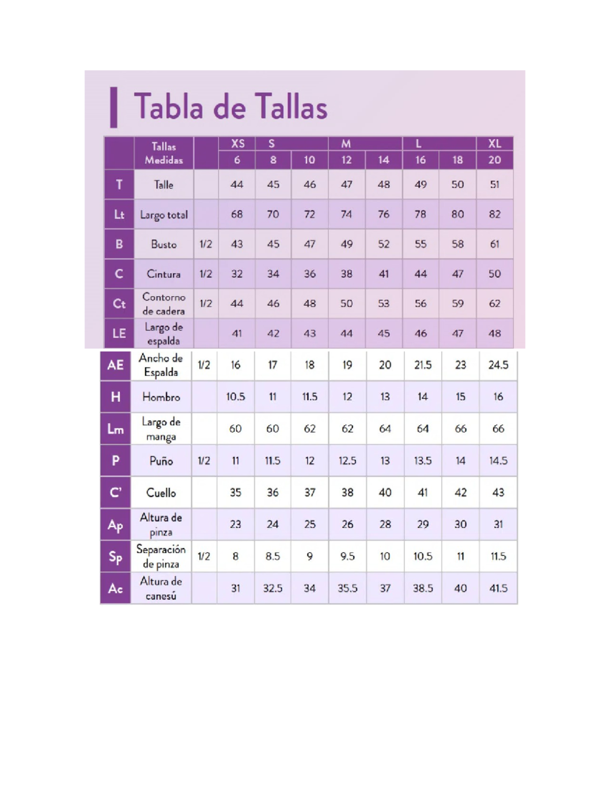 Tabla de Medidas de Tallas XS a XL para Diseño de Moda - Studocu