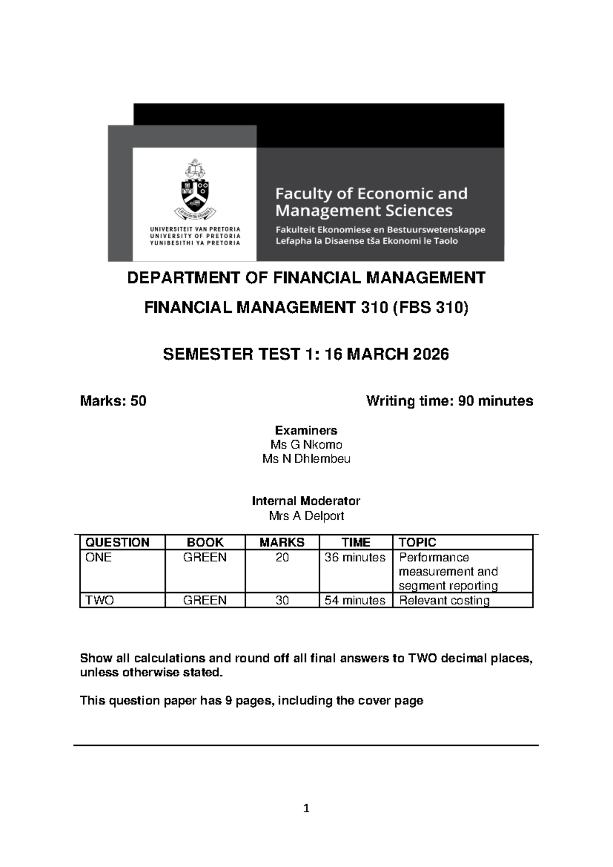 2026 FBS 310 Financial Management Semester Test 1 Analysis - Studocu