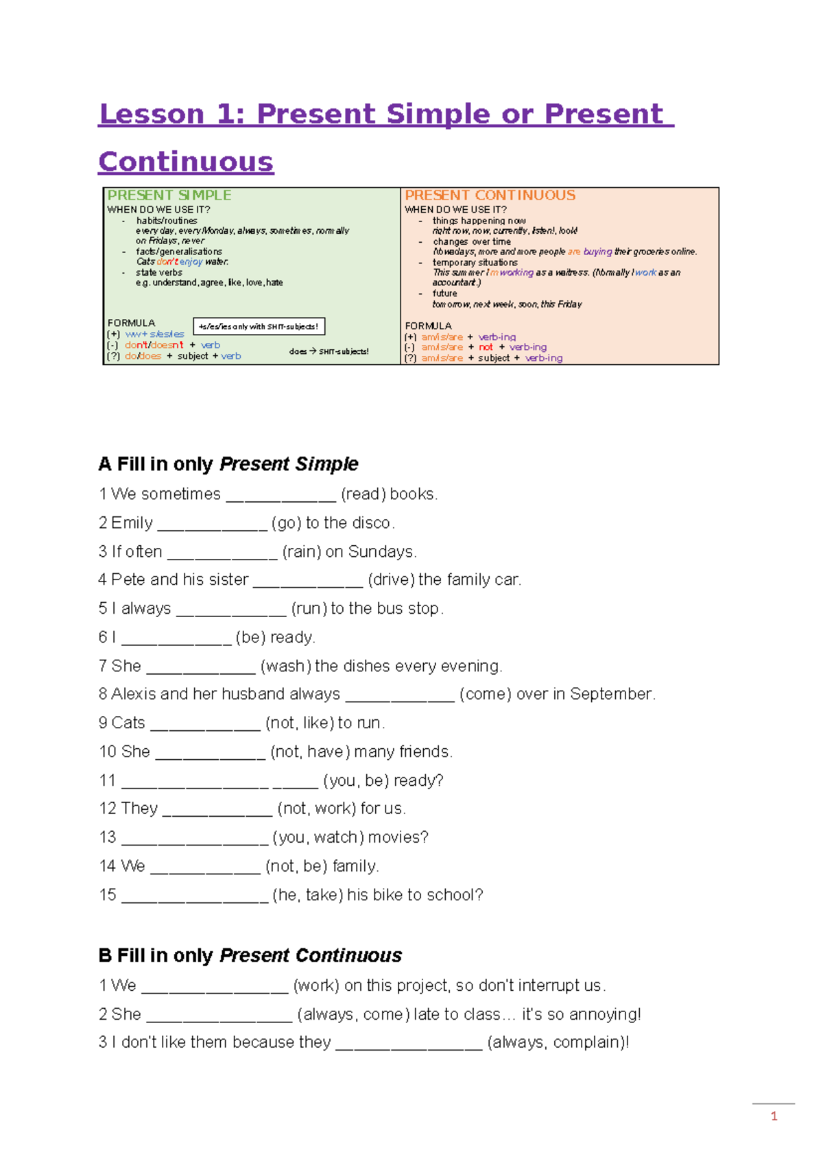 Grammar Handout: Present Simple & Continuous - Lesson Notes - Studeersnel