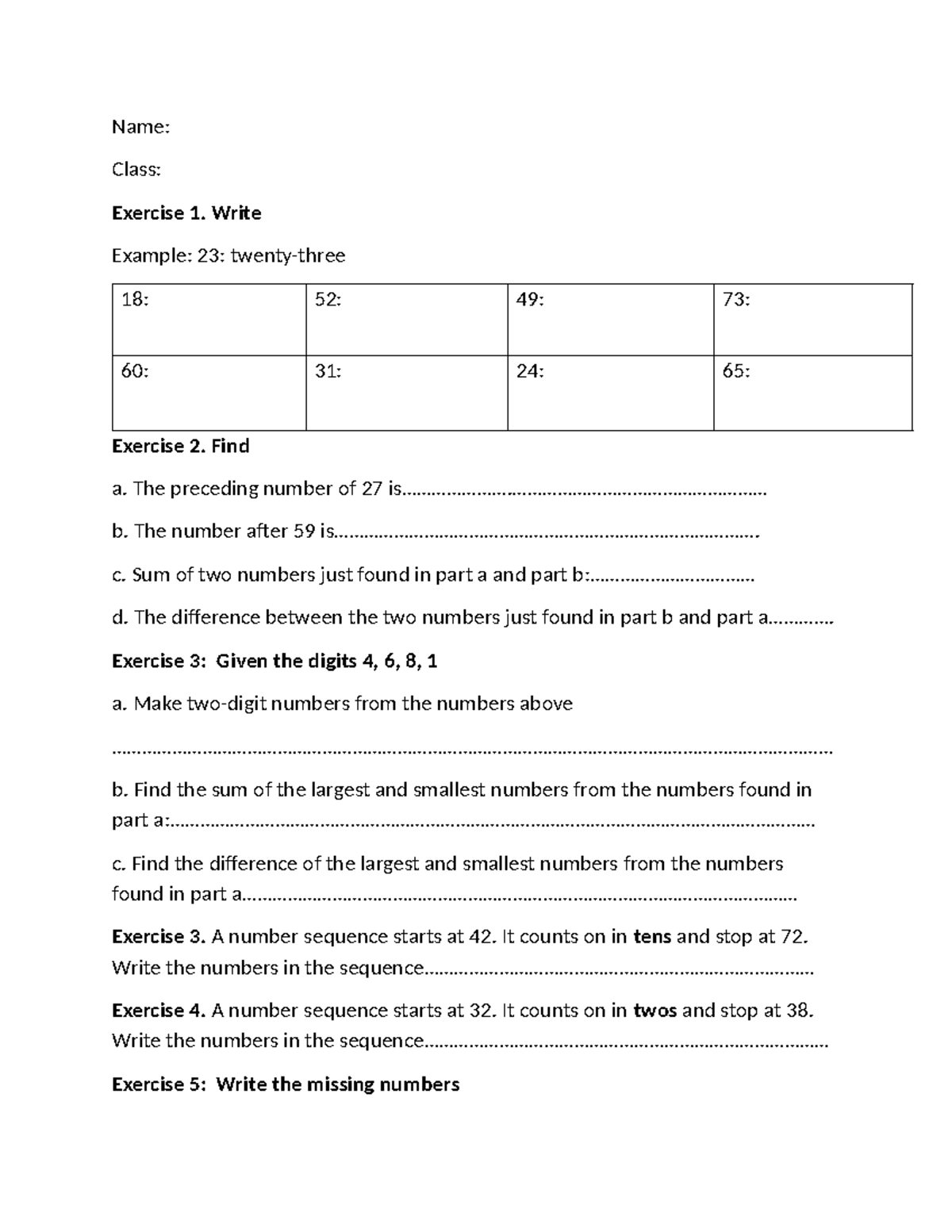 Mathematics Exercises: Class Exercise 1-8 Overview - Studocu