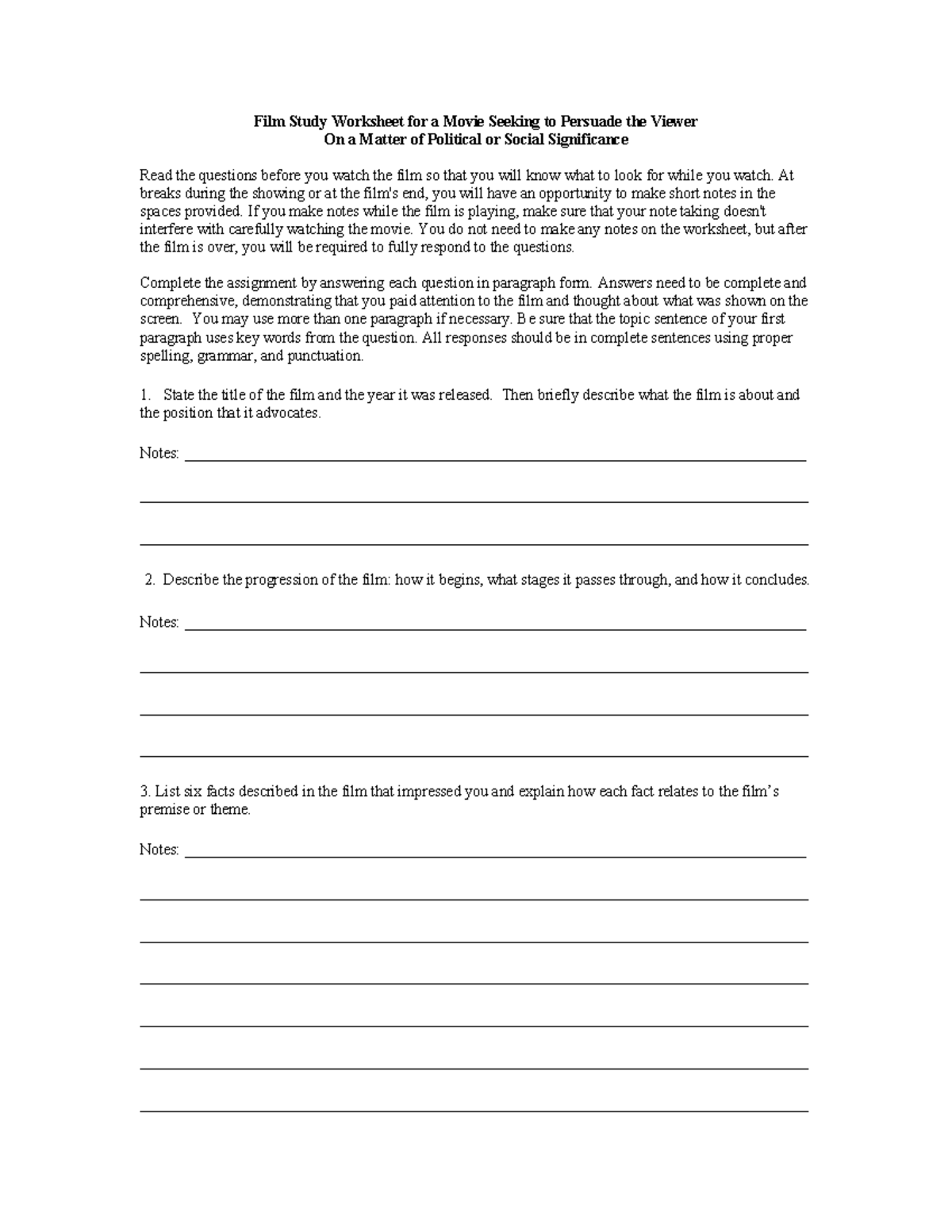Film Study Worksheet: Analyzing Persuasive Techniques in Cinema - Studocu