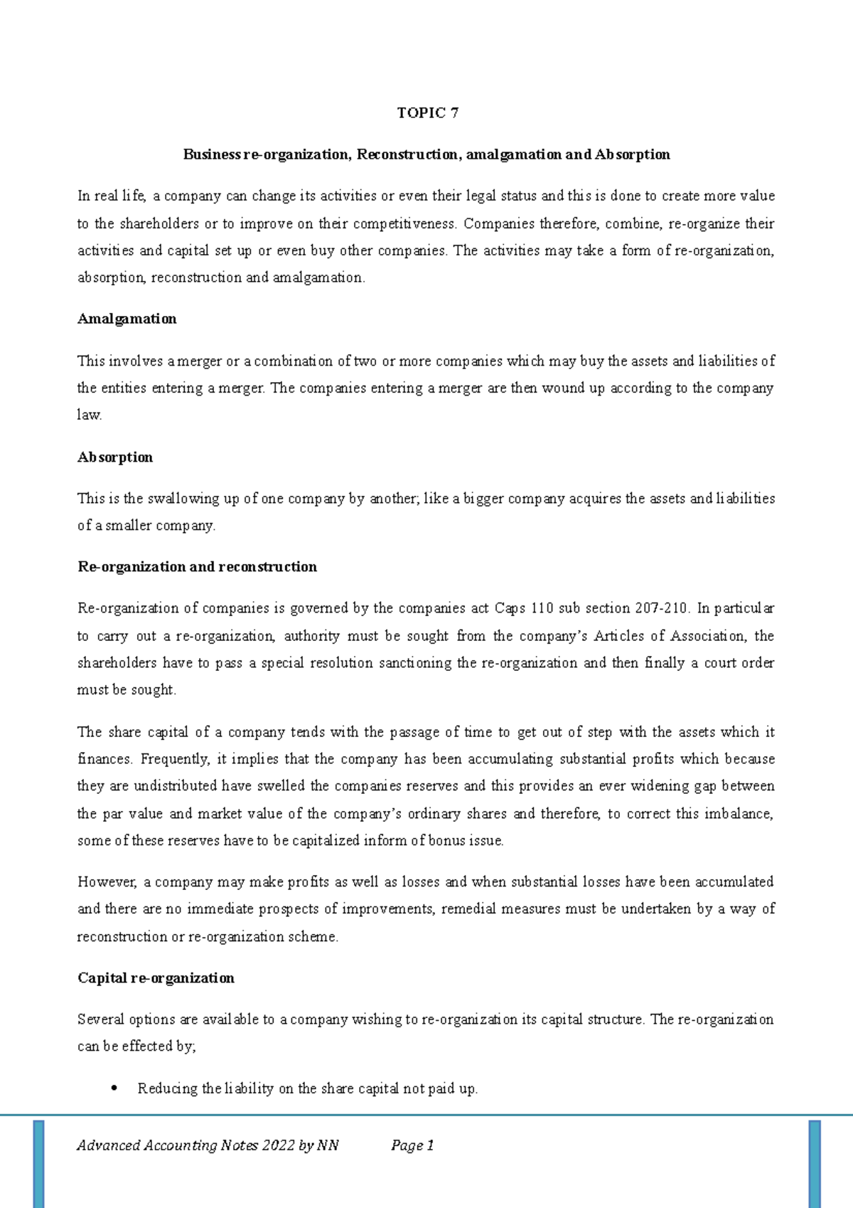 Topic 7 - lecture notes for advanced accounting - TOPIC 7 Business re ...