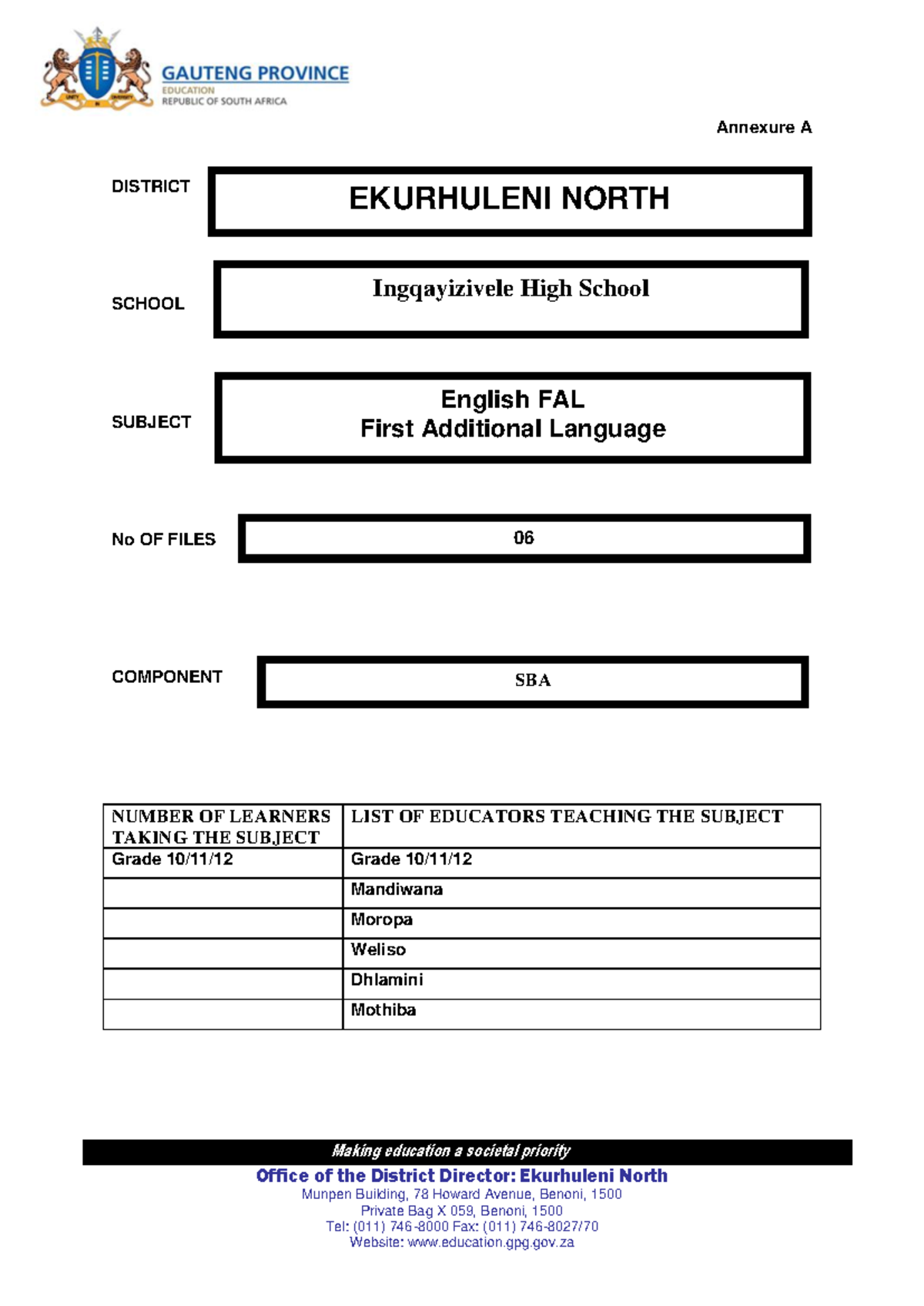 SBA Cover Pages for English FAL - Annexure A & B - Studocu